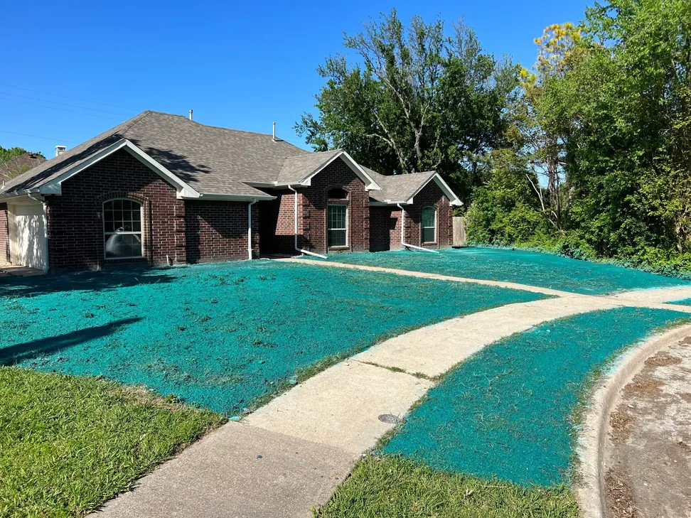 Brick ranch house with a freshly hydroseeded front lawn on both sides of the front walk, hydroseeding